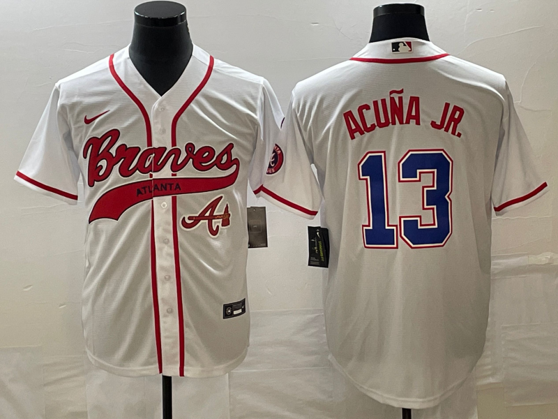Men's Atlanta Braves #13 Ronald Acuña Jr. White Cool Base With Patch Stitched Baseball Jersey Men's Atlanta Braves #13 Ronald Acuña Jr. White Cool Base With Patch Stitched Baseball Jersey